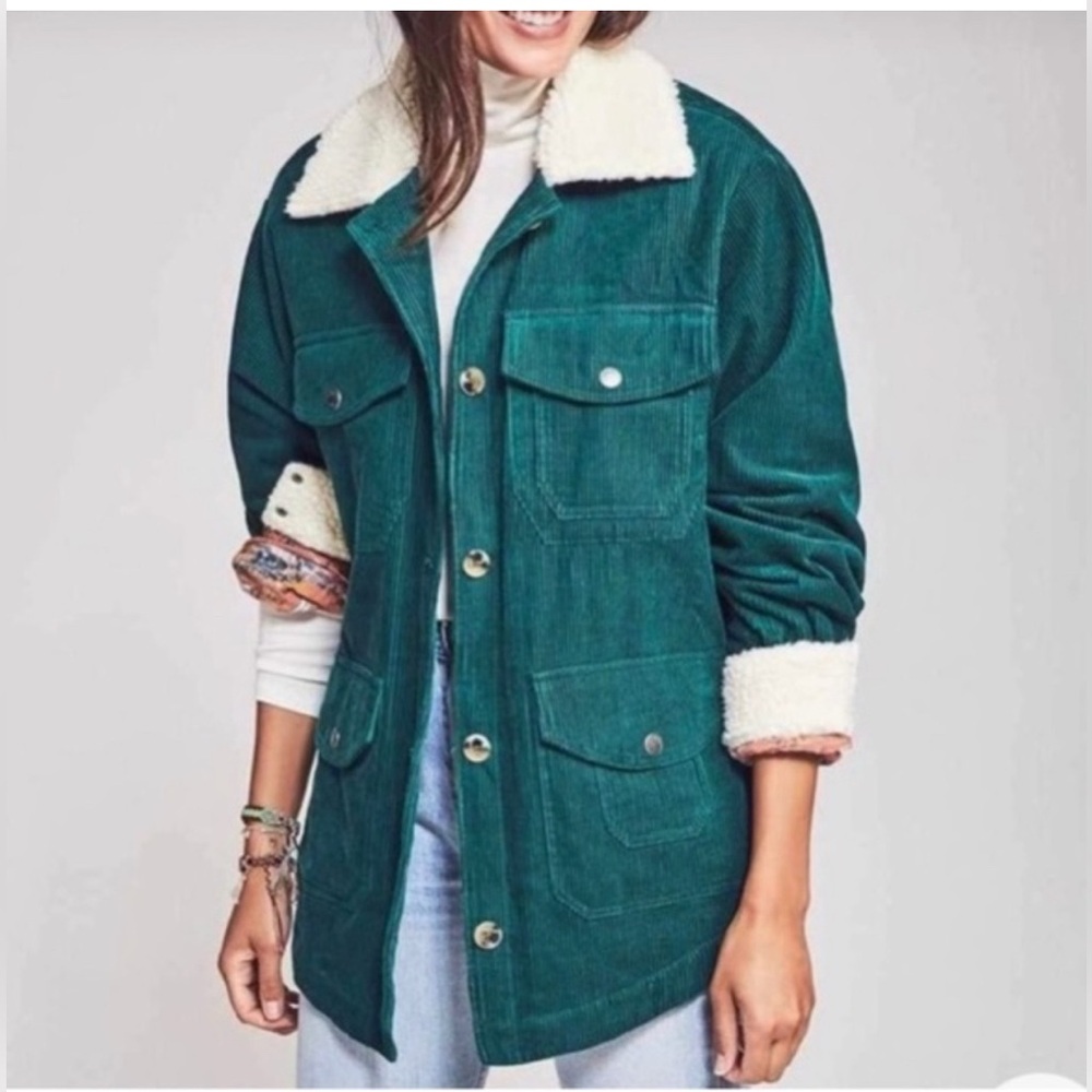 Faherty Muriel Green sherpa collar quilted Corduroy coat Size Small‎ corduroy